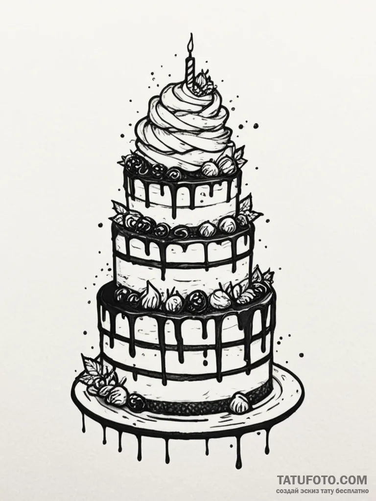 Cake, tattoo line art, dynamic composition, s… — эскиз тату (№1751578616_0, 03.07.2025 21:36) — Tatufoto.com