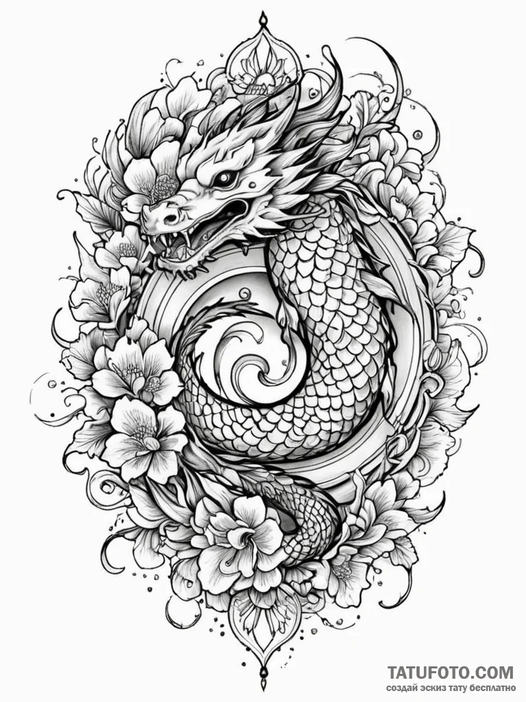 Koi dragon beneath spectral sky, tattoo flash... - эскиз тату (№1751578873_0, 03.07.2025 21:41) — Tatufoto.com