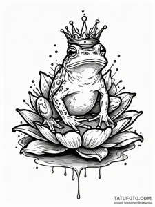 Frog sitting on a lily pad, wearing a tiny cr... - эскиз тату (№1751580159_0, 03.07.2025 22:02) — Tatufoto.com