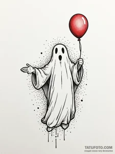 Friendly ghost holding a single balloon, tatt... - эскиз тату (№1751580331_0, 03.07.2025 22:05) — Tatufoto.com