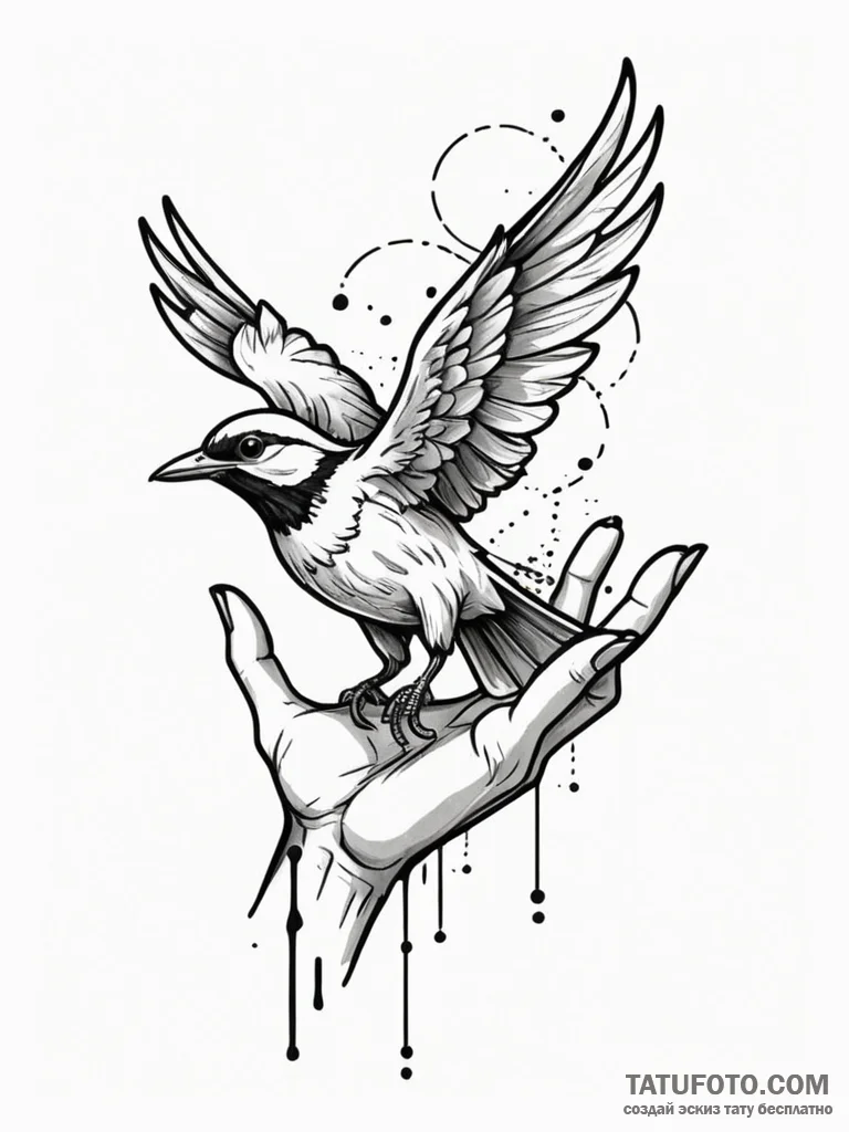 A whimsical bird in a hand, small,, tattoo fl... - эскиз тату (№1751580847_0, 03.07.2025 22:14) — Tatufoto.com