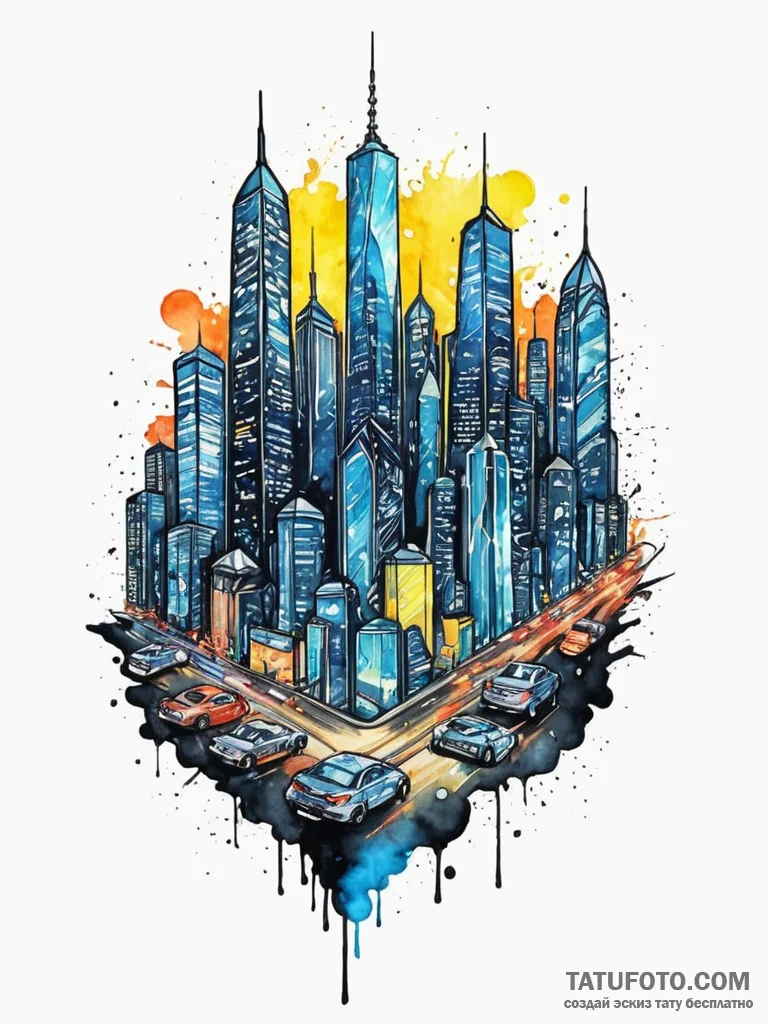 An aerial view of a sprawling futuristic city... - эскиз тату (№1751581018_0, 03.07.2025 22:16) — Tatufoto.com