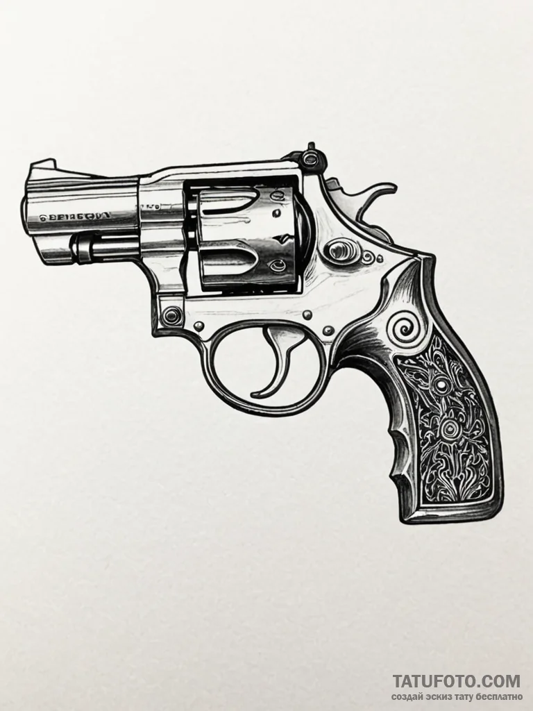 Revolver, artistic tattoo sketch, bold outlin... - эскиз тату (№1751581189_0, 03.07.2025 22:19) — Tatufoto.com