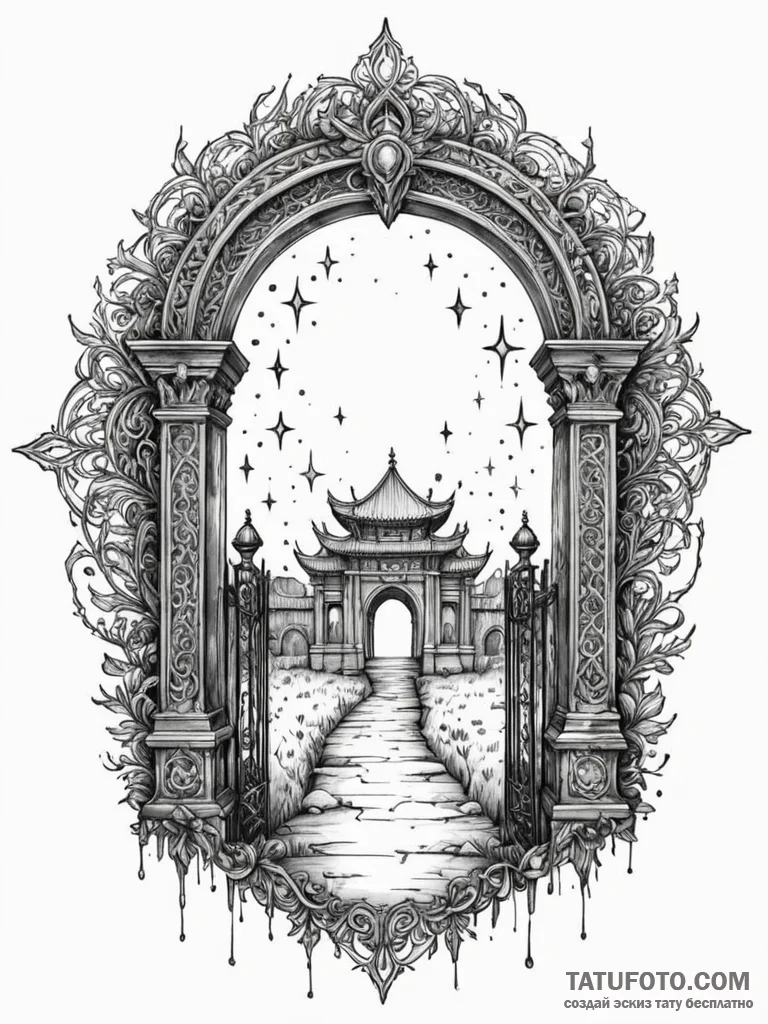 Nether gate crowned with starlight, ink illus... - эскиз тату (№1751581446_0, 03.07.2025 22:24) — Tatufoto.com