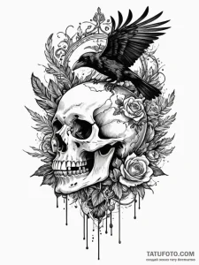 A raven perched on a skull, artistic tattoo s... - эскиз тату (№1751582131_0, 03.07.2025 22:35) — Tatufoto.com