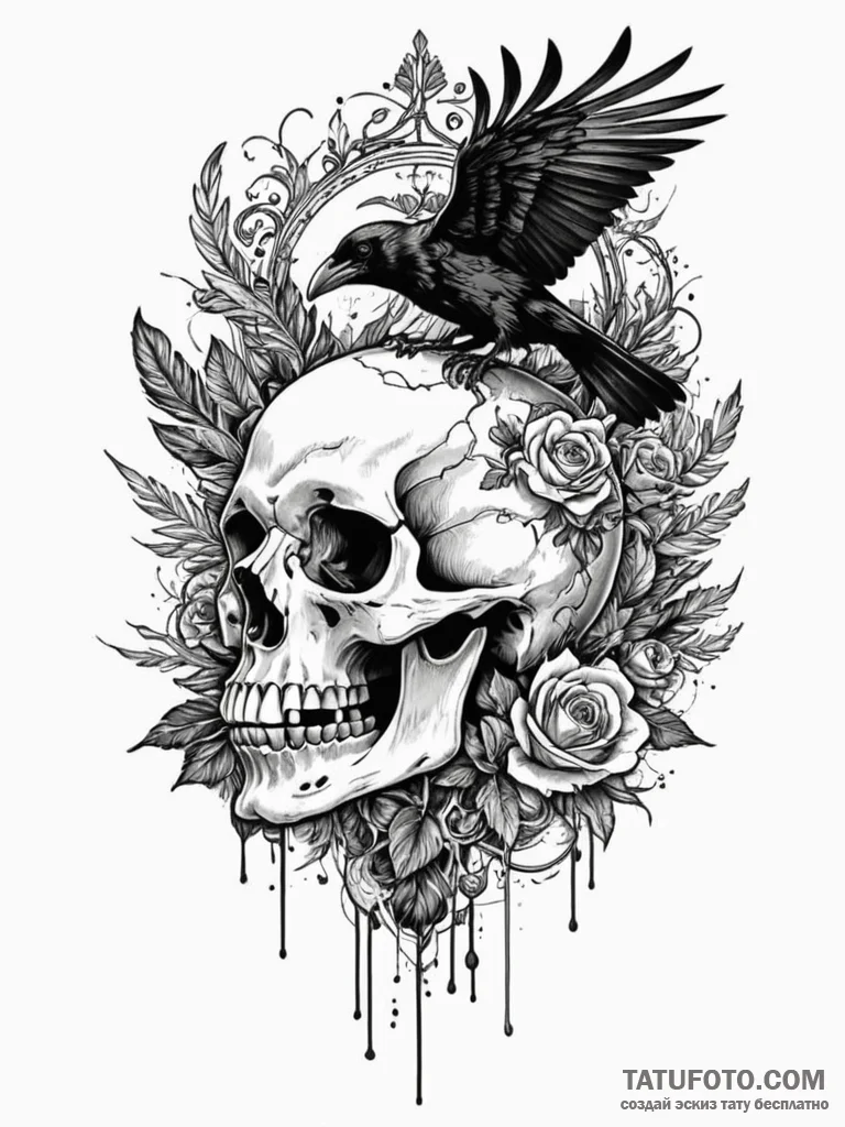 A raven perched on a skull, artistic tattoo s… — эскиз тату (№1751582131_0, 03.07.2025 22:35) — Tatufoto.com