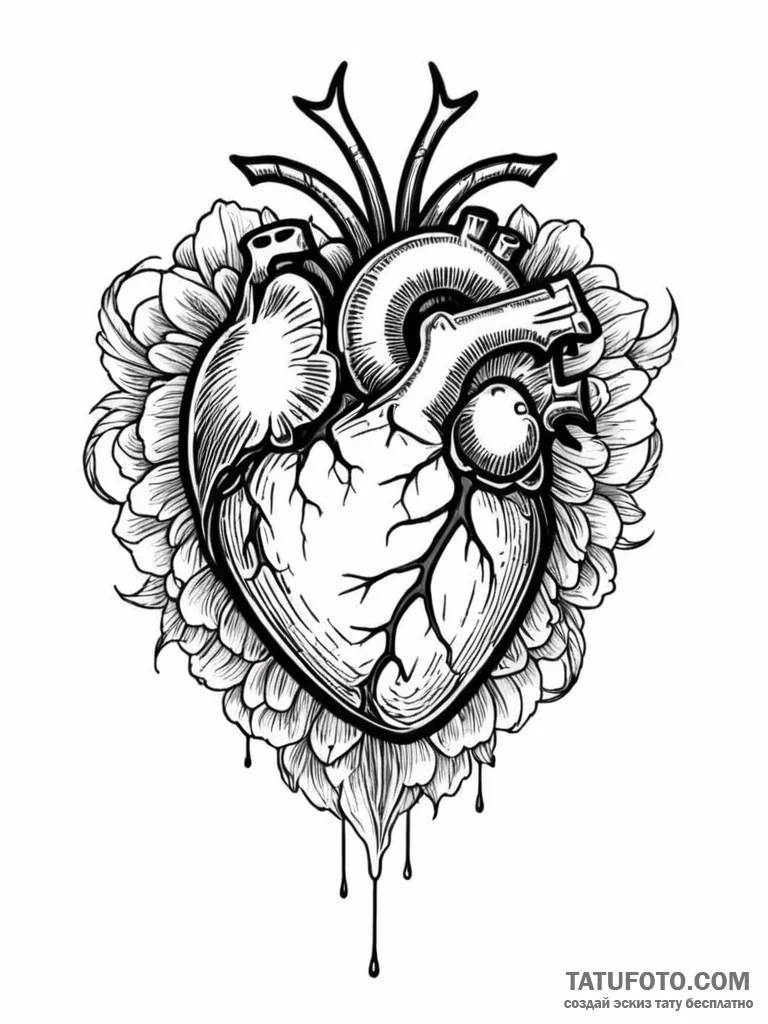 Mechanical heart, tattoo line art, bold outli... - эскиз тату (№1751584274_0, 03.07.2025 23:11) — Tatufoto.com