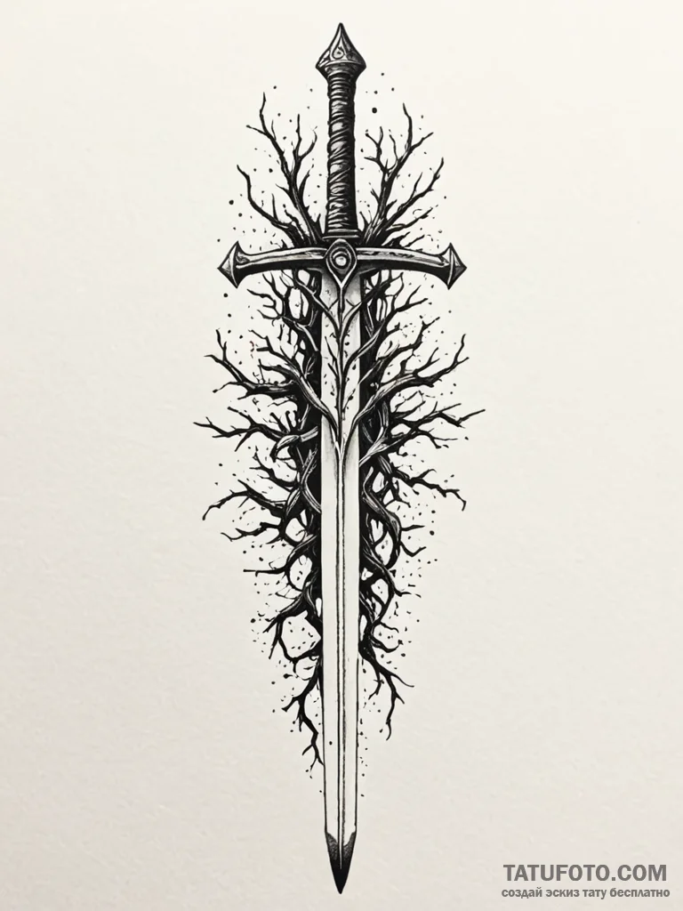 Cracked sword bound in roots, concept art for… — эскиз тату (№1751584876_0, 03.07.2025 23:21) — Tatufoto.com