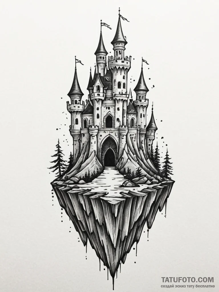 Floating castle chained to the ocean floor, t… — эскиз тату (№1751584962_0, 03.07.2025 23:22) — Tatufoto.com