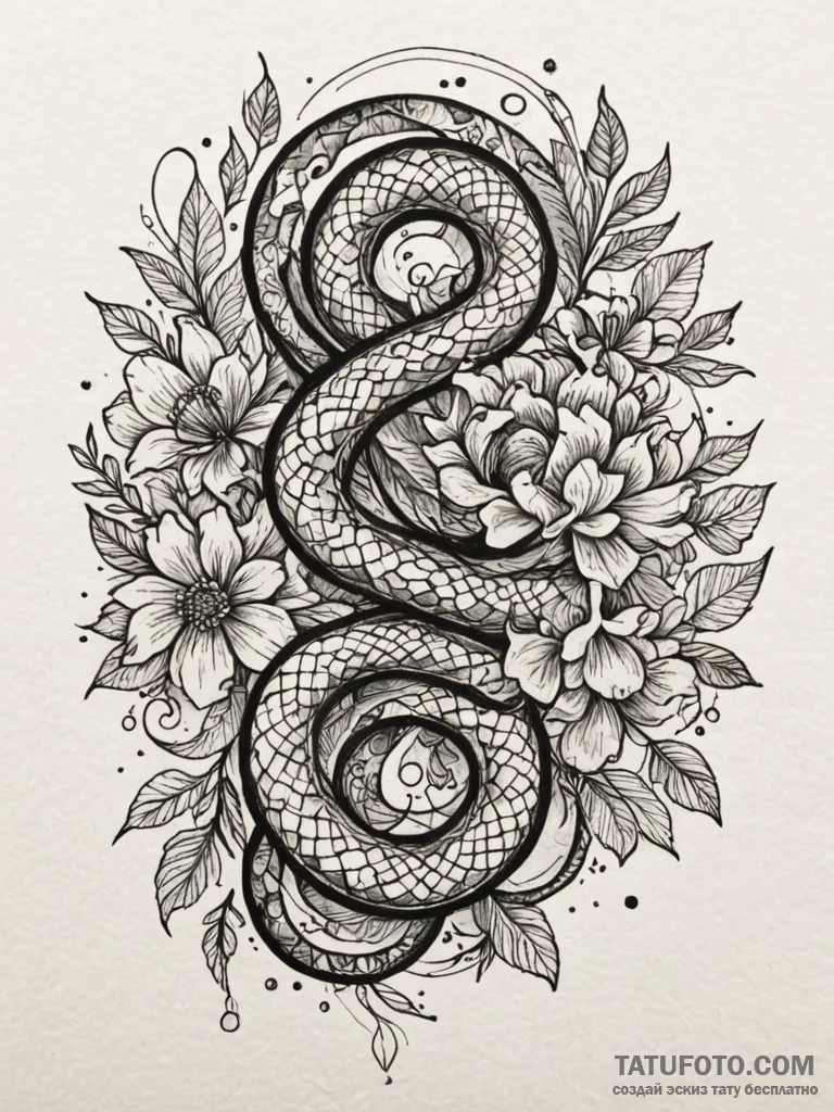Hallowed serpent beneath celestial bloom, tat... - эскиз тату (№1751585221_0, 03.07.2025 23:27) — Tatufoto.com