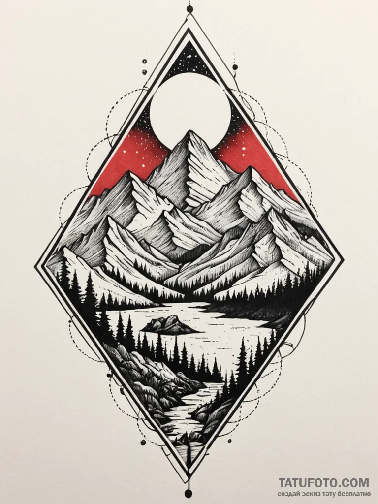 Mountain range beneath crimson sky, ink illus... - эскиз тату (№1751585392_0, 03.07.2025 23:29) — Tatufoto.com