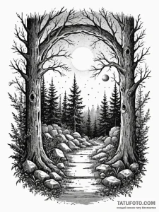 Doorway in a forest opening to a cosmic scene... - эскиз тату (№1751585907_0, 03.07.2025 23:38) — Tatufoto.com
