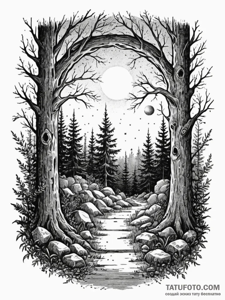 Doorway in a forest opening to a cosmic scene... - эскиз тату (№1751585907_0, 03.07.2025 23:38) — Tatufoto.com