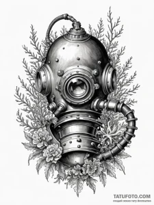 An old diving helmet overgrown with coral, ar... - эскиз тату (№1751585992_0, 03.07.2025 23:39) — Tatufoto.com