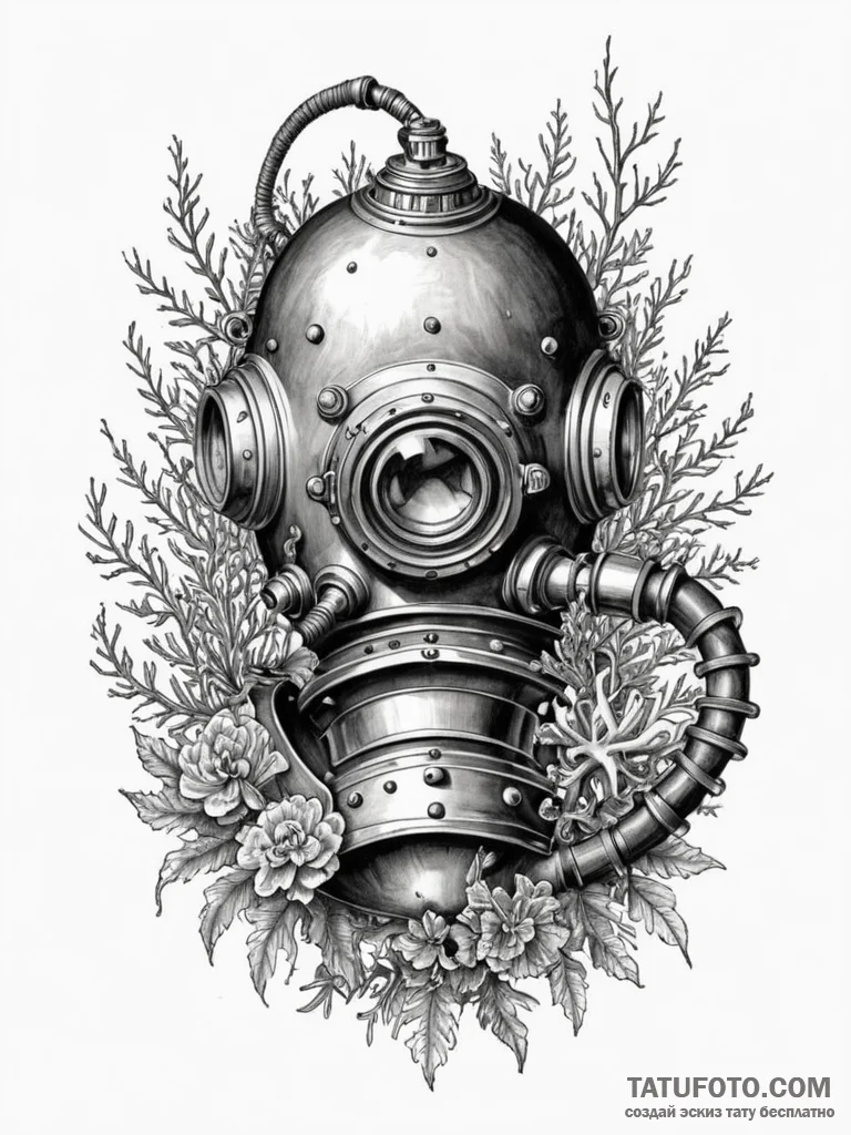 An old diving helmet overgrown with coral, ar... - эскиз тату (№1751585992_0, 03.07.2025 23:39) — Tatufoto.com