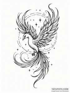 Phoenix feather spiraling through stars, tatt... - эскиз тату (№1751586336_0, 03.07.2025 23:45) — Tatufoto.com