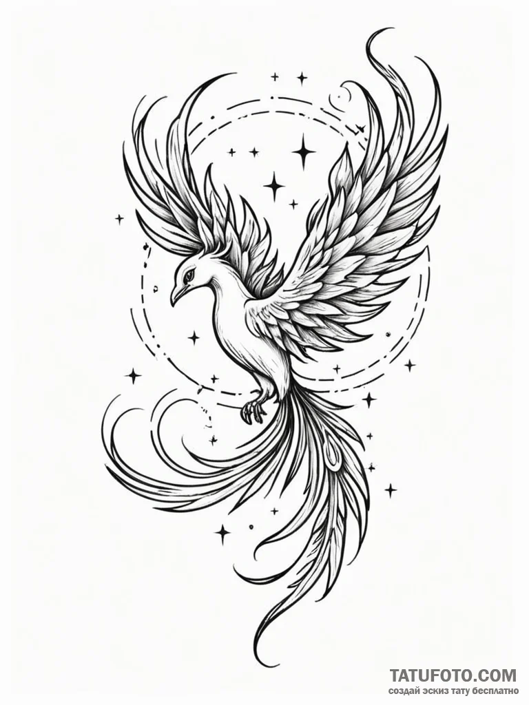 Phoenix feather spiraling through stars, tatt... - эскиз тату (№1751586336_0, 03.07.2025 23:45) — Tatufoto.com