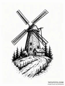 Windmill, harnessing the power of nature, ink... - эскиз тату (№1751586592_0, 03.07.2025 23:49) — Tatufoto.com