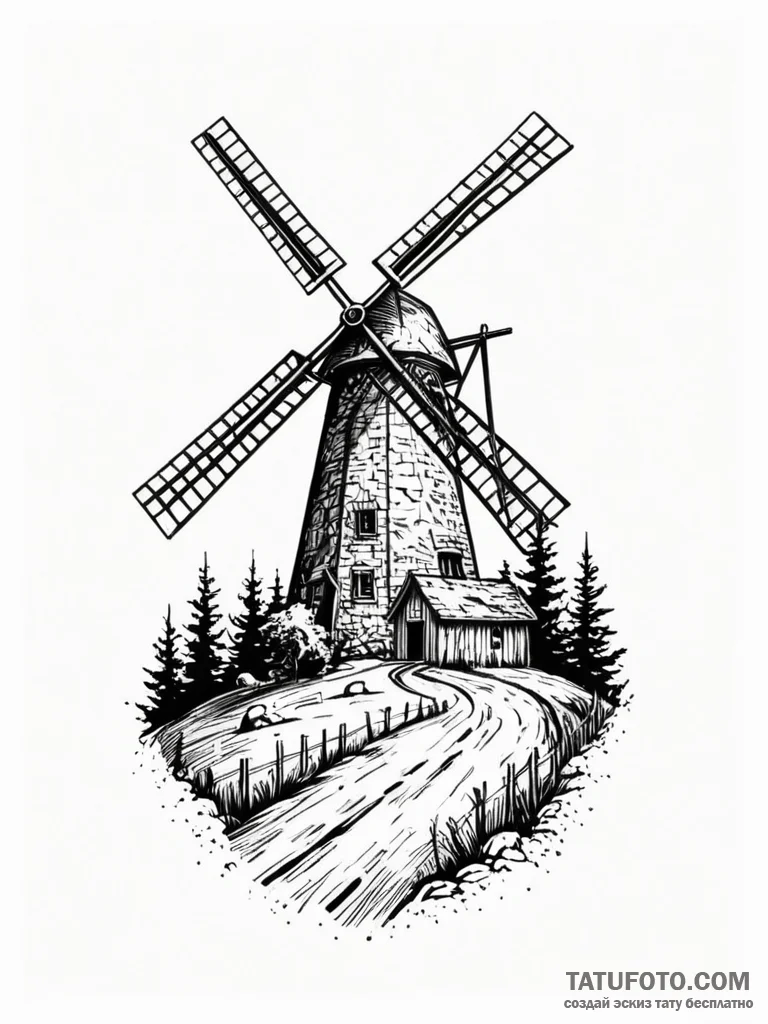 Windmill, harnessing the power of nature, ink... - эскиз тату (№1751586592_0, 03.07.2025 23:49) — Tatufoto.com