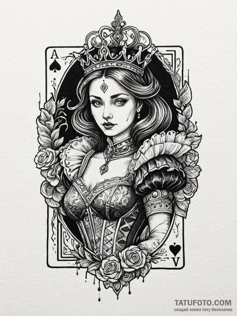 Queen of hearts playing card with an elegant,... - эскиз тату (№1751586933_0, 03.07.2025 23:55) — Tatufoto.com