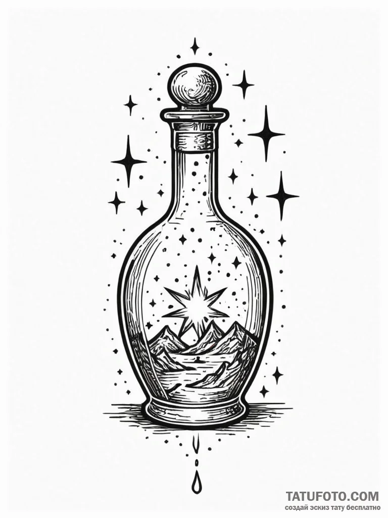 Potion bottle labeled "starlight," filled wit... - эскиз тату (№1751588089_0, 04.07.2025 00:14) — Tatufoto.com
