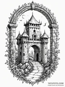 Orcish gate beneath crumbling tower, artistic... - эскиз тату (№1751588693_0, 04.07.2025 00:24) — Tatufoto.com