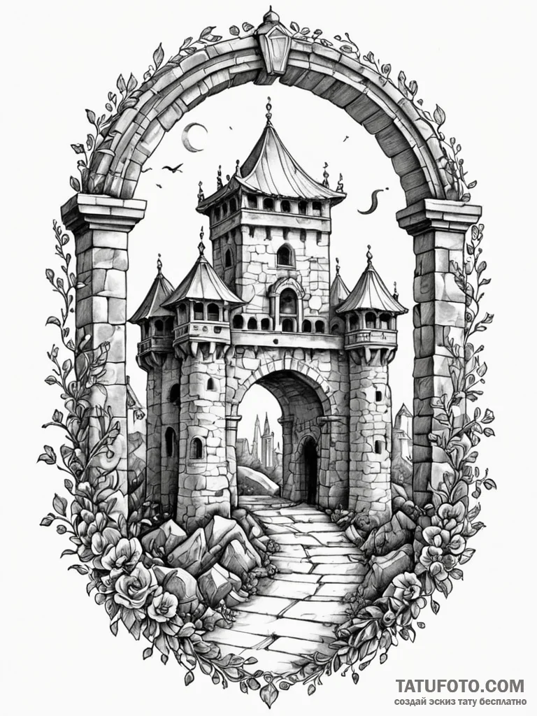Orcish gate beneath crumbling tower, artistic... - эскиз тату (№1751588693_0, 04.07.2025 00:24) — Tatufoto.com
