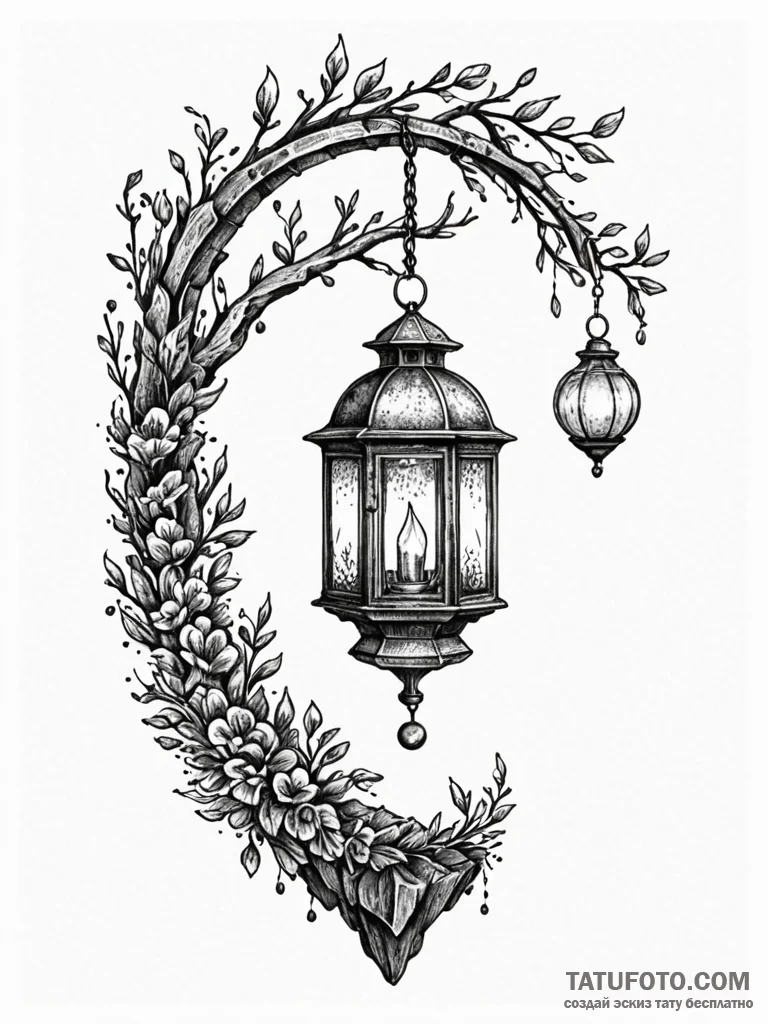 Lantern suspended from bone arch, ink illustr... - эскиз тату (№1751588952_0, 04.07.2025 00:29) — Tatufoto.com