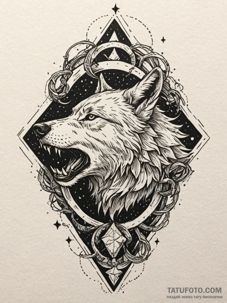 Arcane wolf devouring starry prey, tattoo fla... - эскиз тату (№1751589039_0, 04.07.2025 00:30) — Tatufoto.com