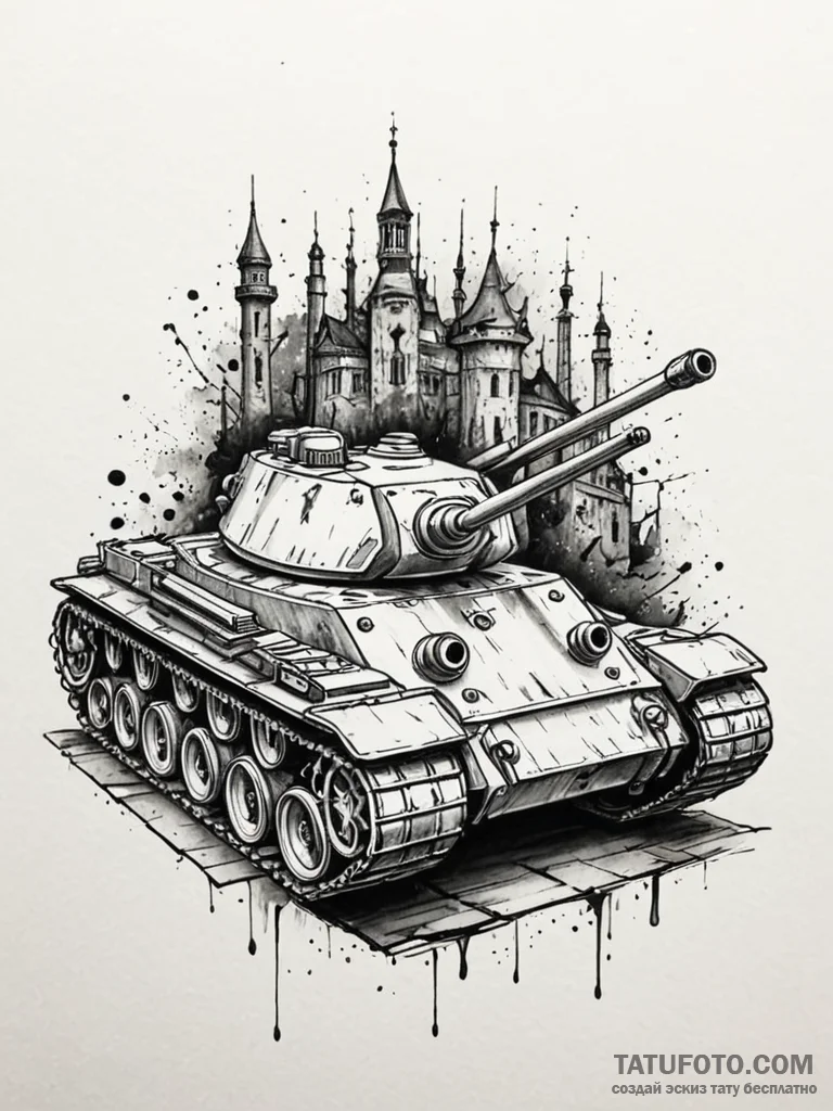 Panzer tank, weathered and battle-damaged, in… — эскиз тату (№1751591236_0, 04.07.2025 01:07) — Tatufoto.com
