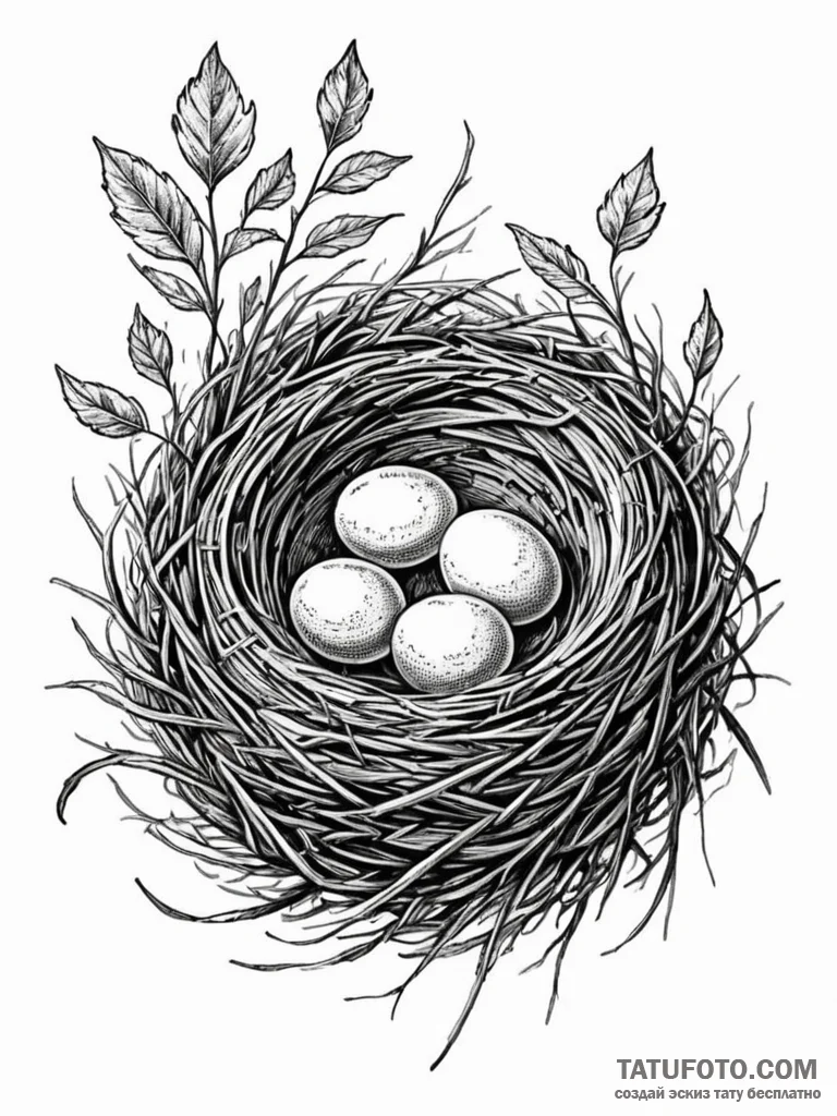 A whimsical bird in a nest with eggs, nurturi... - эскиз тату (№1751591408_0, 04.07.2025 01:10) — Tatufoto.com