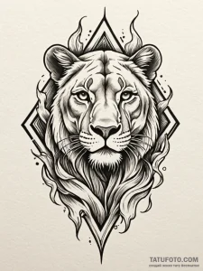 Lioness stalking through flames, tattoo line... - эскиз тату (№1751591671_0, 04.07.2025 01:14) — Tatufoto.com