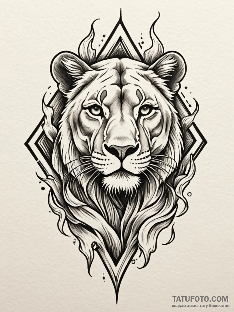 Lioness stalking through flames, tattoo line... - эскиз тату (№1751591671_0, 04.07.2025 01:14) — Tatufoto.com