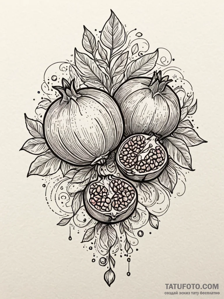 Pomegranate seeds falling through mist, ink i... - эскиз тату (№1751591927_0, 04.07.2025 01:18) — Tatufoto.com