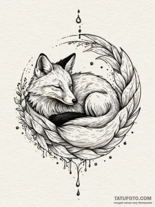 Sleeping fox curled up, its tail tipped in wh... - эскиз тату (№1751592274_0, 04.07.2025 01:24) — Tatufoto.com