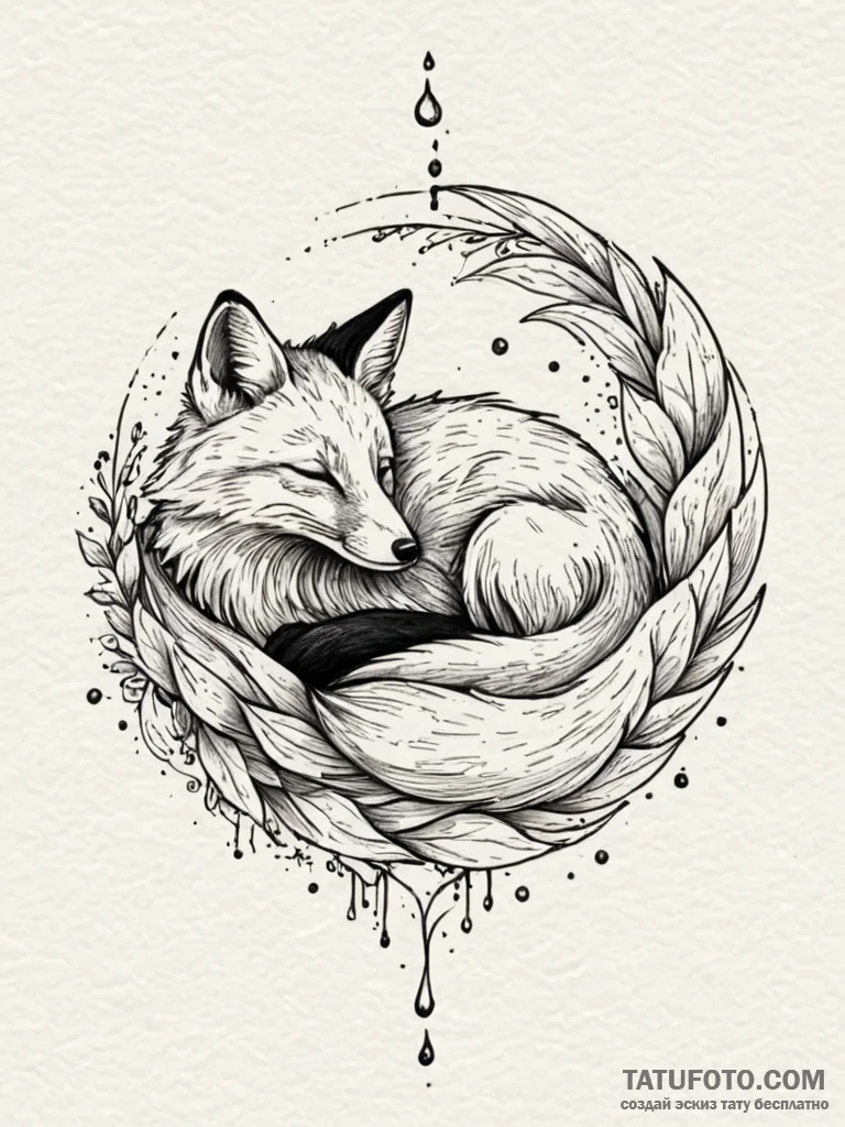 Sleeping fox curled up, its tail tipped in wh... - эскиз тату (№1751592274_0, 04.07.2025 01:24) — Tatufoto.com