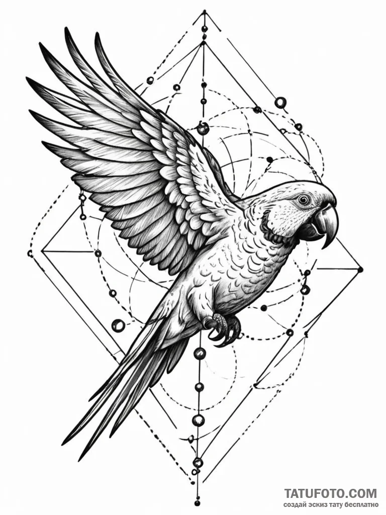Parrot feathers drifting through stars, artis... - эскиз тату (№1751592623_0, 04.07.2025 01:30) — Tatufoto.com