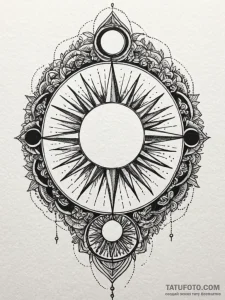 Root-draped altar beneath eclipsed sun, tatto... - эскиз тату (№1751592798_0, 04.07.2025 01:33) — Tatufoto.com