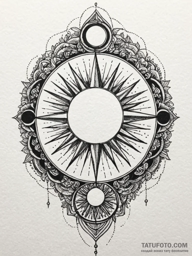 Root-draped altar beneath eclipsed sun, tatto... - эскиз тату (№1751592798_0, 04.07.2025 01:33) — Tatufoto.com