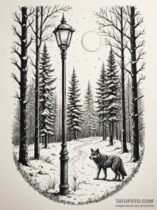 Lamppost in a snowy forest, illuminating a lo... - эскиз тату (№1751593055_0, 04.07.2025 01:37) — Tatufoto.com