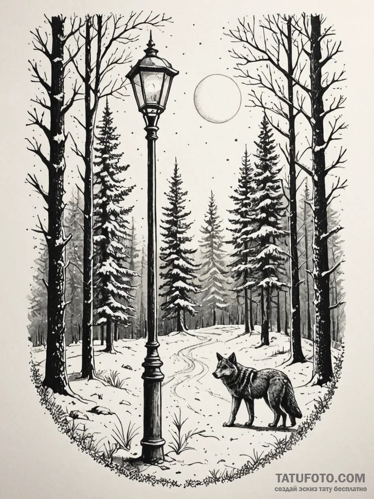 Lamppost in a snowy forest, illuminating a lo… — эскиз тату (№1751593055_0, 04.07.2025 01:37) — Tatufoto.com