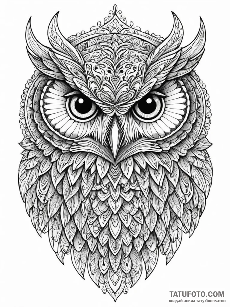 Owl eyes glowing in mist, tattoo drawing outl... - эскиз тату (№1751593142_0, 04.07.2025 01:39) — Tatufoto.com