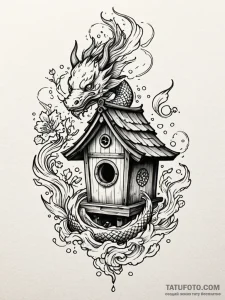 A charming birdhouse with small birds, cozy a... - эскиз тату (№1751593833_0, 04.07.2025 01:50) — Tatufoto.com
