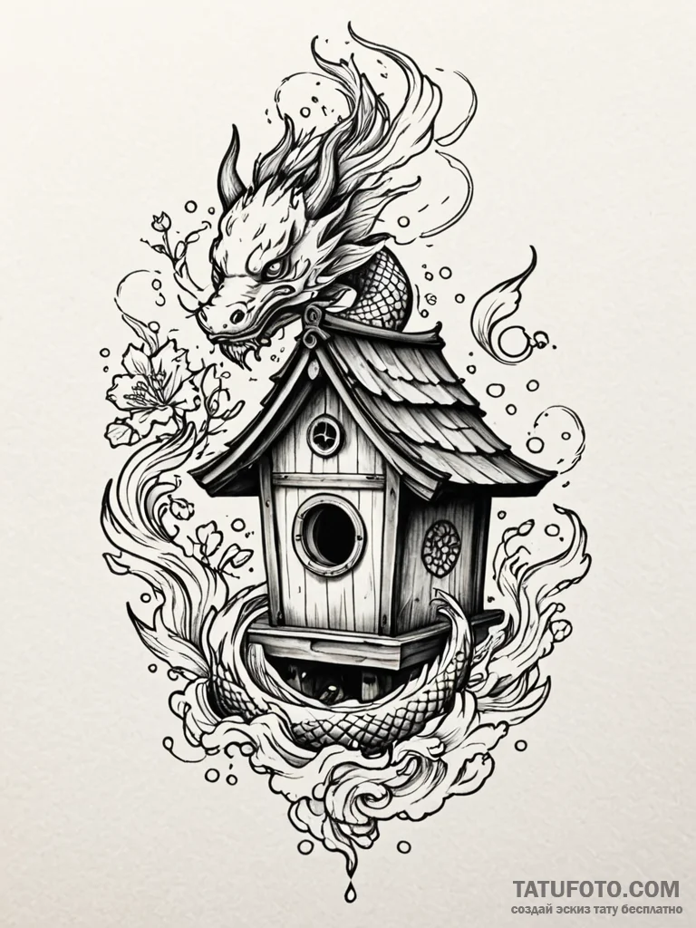 A charming birdhouse with small birds, cozy a... - эскиз тату (№1751593833_0, 04.07.2025 01:50) — Tatufoto.com