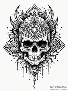 Aztec skull with tribal patterns, ink illustr... - эскиз тату (№1751594008_0, 04.07.2025 01:53) — Tatufoto.com
