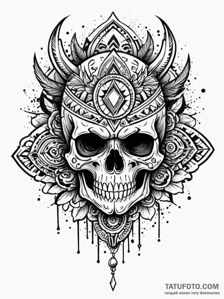 Aztec skull with tribal patterns, ink illustr… — эскиз тату (№1751594008_0, 04.07.2025 01:53) — Tatufoto.com