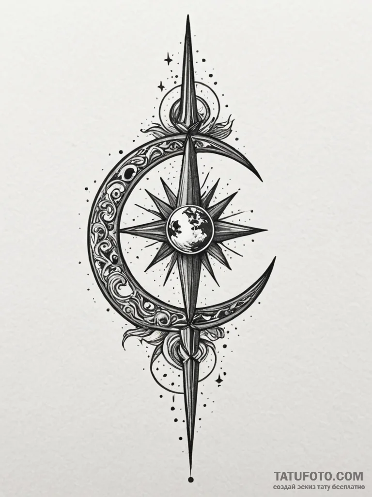 Lunar blade splitting stars, tattoo line art,... - эскиз тату (№1751594528_0, 04.07.2025 02:02) — Tatufoto.com