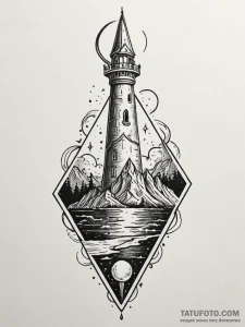 Moon banner beneath spectral spire, tattoo fl... - эскиз тату (№1751594871_0, 04.07.2025 02:07) — Tatufoto.com