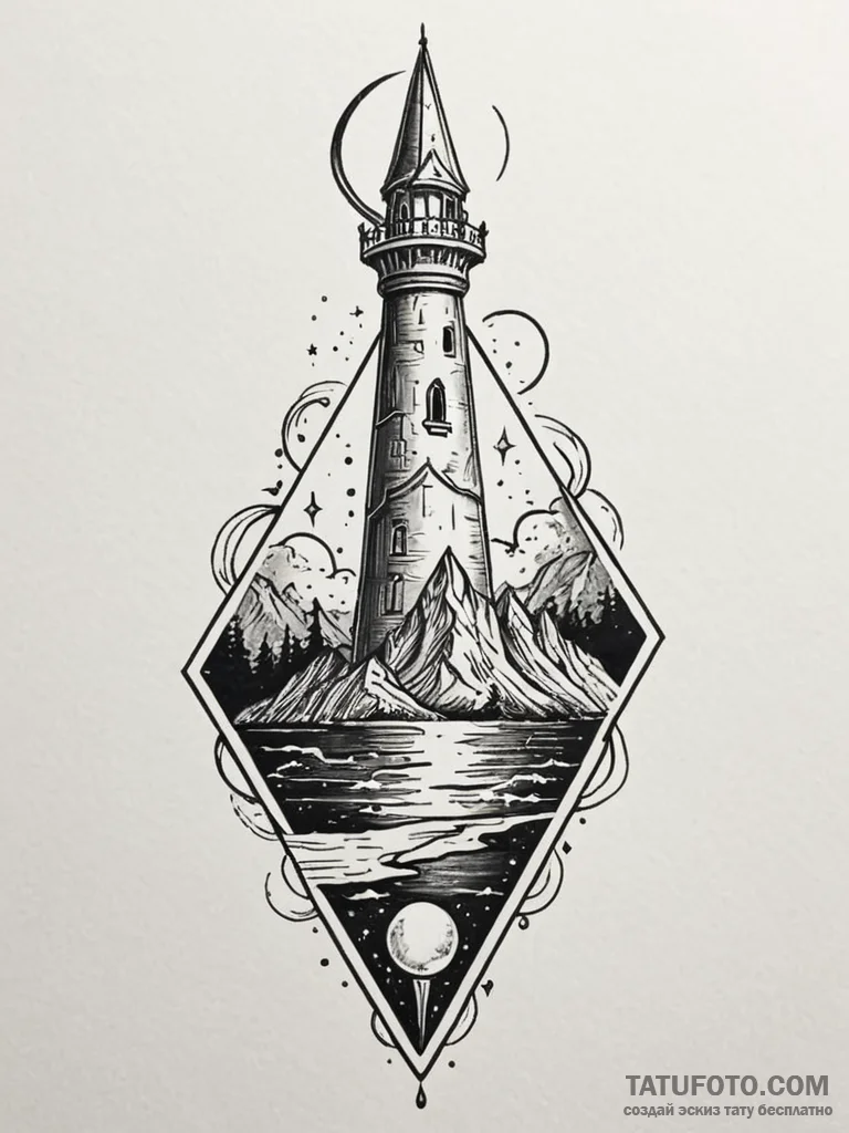 Moon banner beneath spectral spire, tattoo fl… — эскиз тату (№1751594871_0, 04.07.2025 02:07) — Tatufoto.com