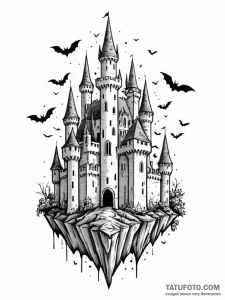 Castle crumbling into a flock of bats, artist... - эскиз тату (№1751595043_0, 04.07.2025 02:10) — Tatufoto.com